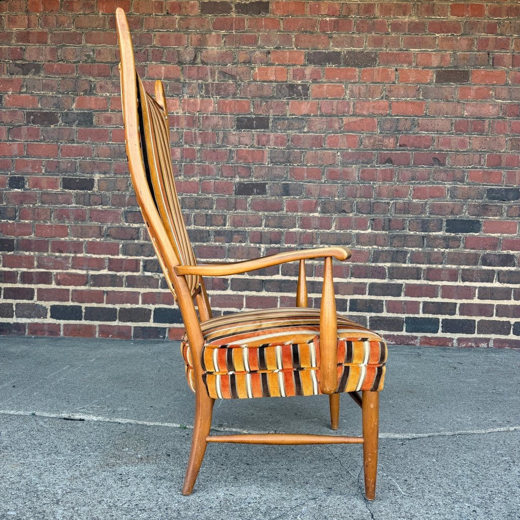 Maxwell Royal Orange and Brown Striped Mid-Century Modern High Back Arm Chair