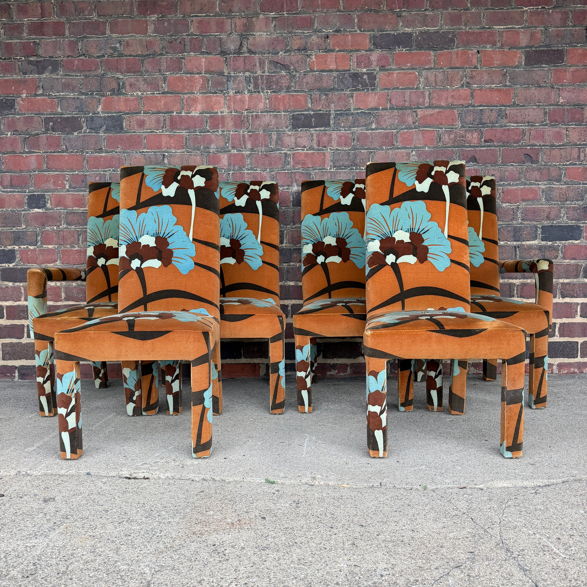 Set of 6 Upholstered Boho Chic Dining Chairs in Jack Lenor Larsen Fabric