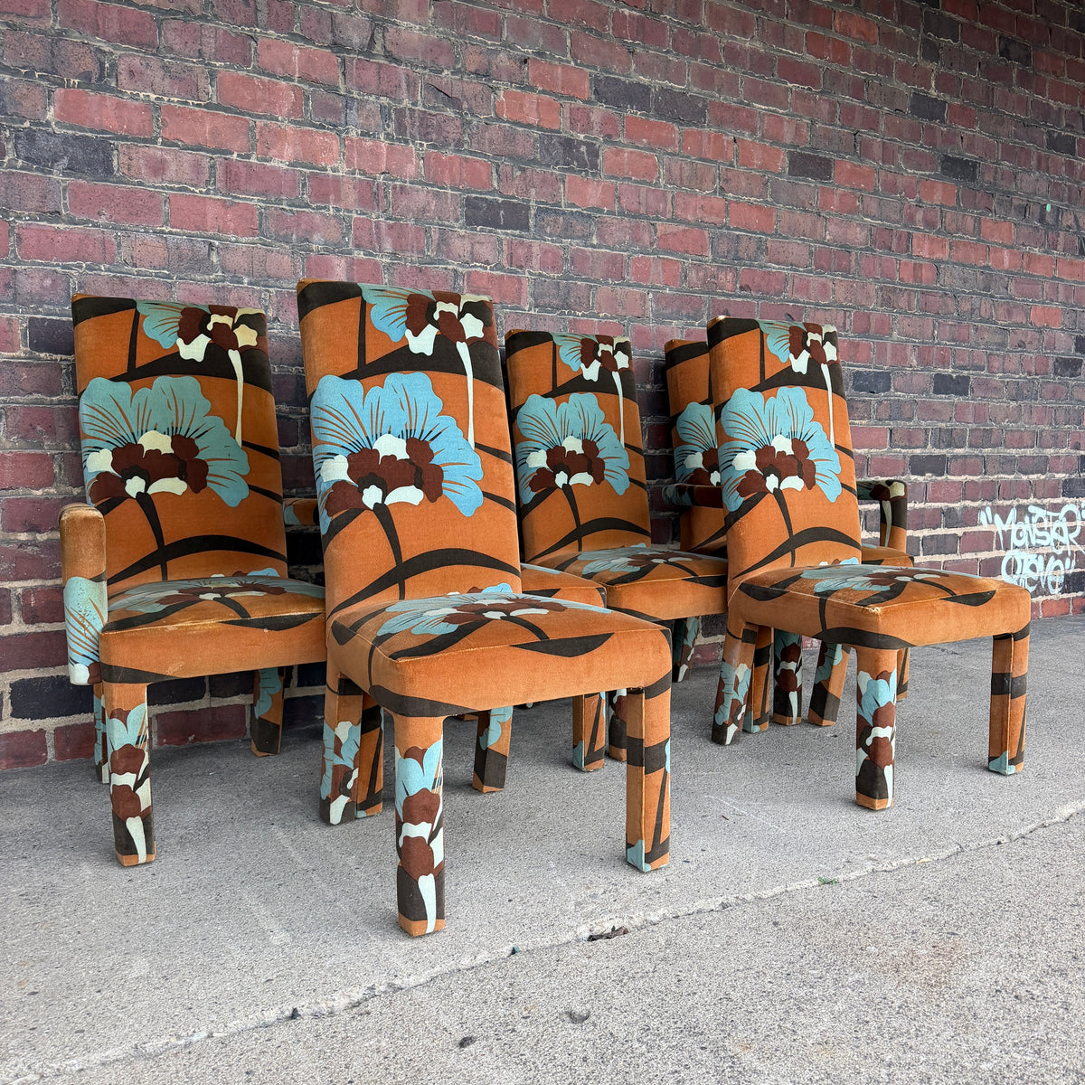Set of 6 Upholstered Boho Chic Dining Chairs in Jack Lenor Larsen Fabric