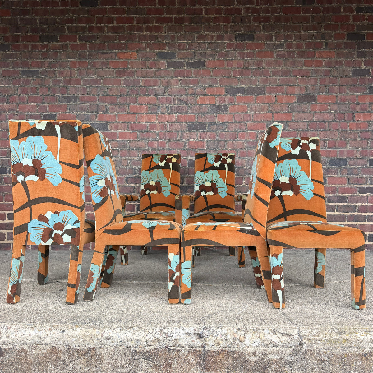 Set of 6 Upholstered Boho Chic Dining Chairs in Jack Lenor Larsen Fabric