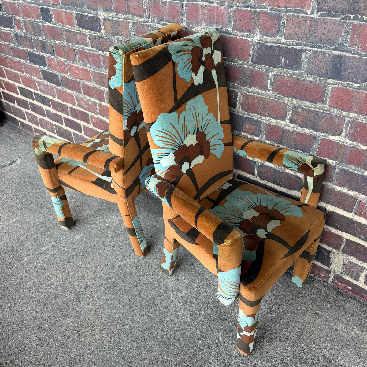 Set of 6 Upholstered Boho Chic Dining Chairs in Jack Lenor Larsen Fabric