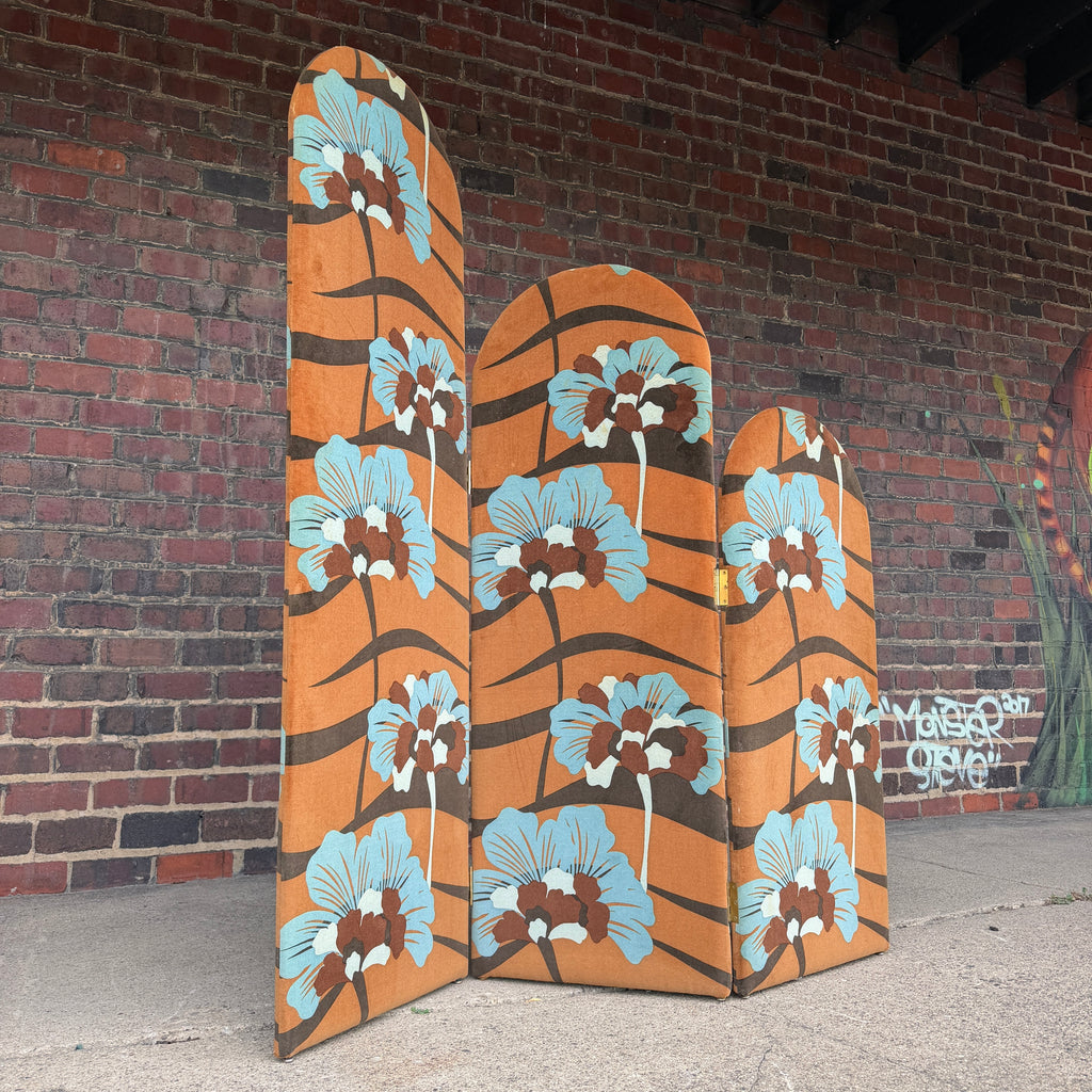 Three Panel Upholstered Folding Room Divider Covered in Jack Lenor Larsen Fabric