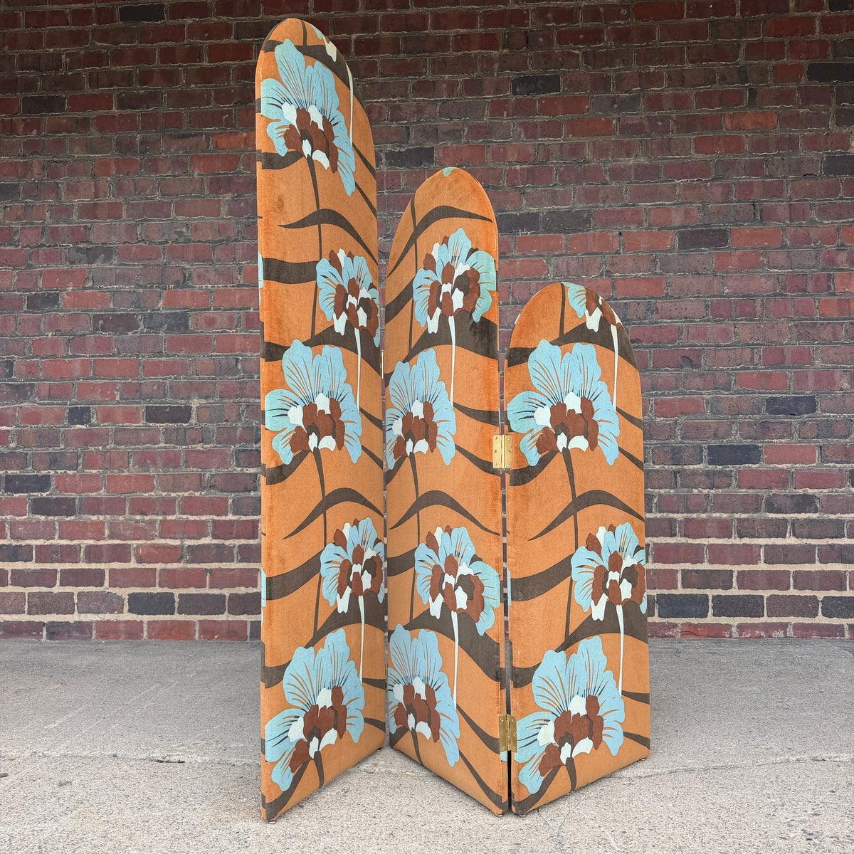 Three Panel Upholstered Folding Room Divider Covered in Jack Lenor Larsen Fabric
