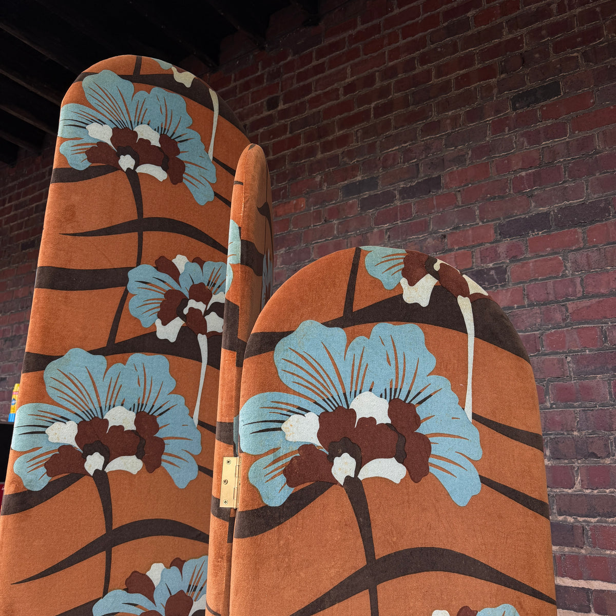 Three Panel Upholstered Folding Room Divider Covered in Jack Lenor Larsen Fabric