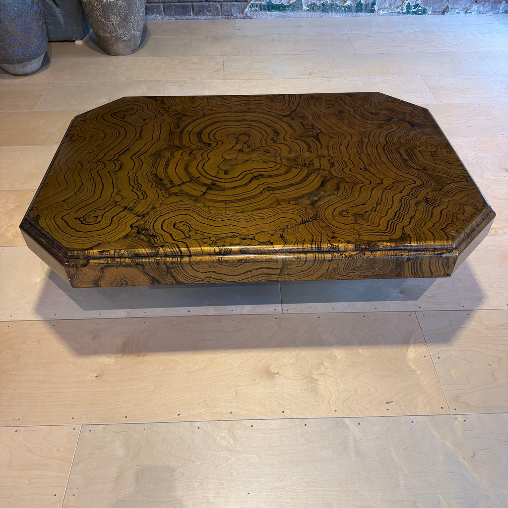 1970s Large Brass and Woodgrain Lacquer Coffee Table