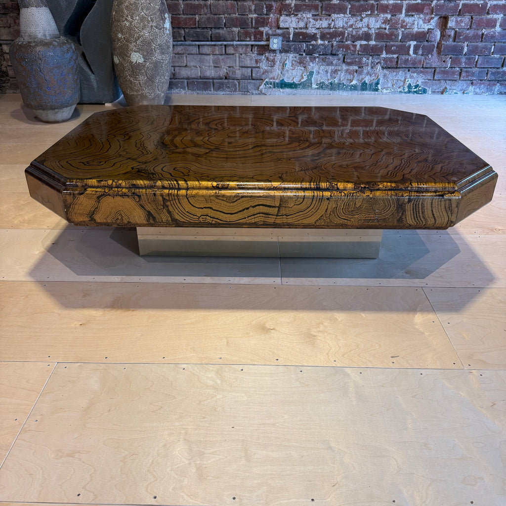 1970s Large Brass and Woodgrain Lacquer Coffee Table