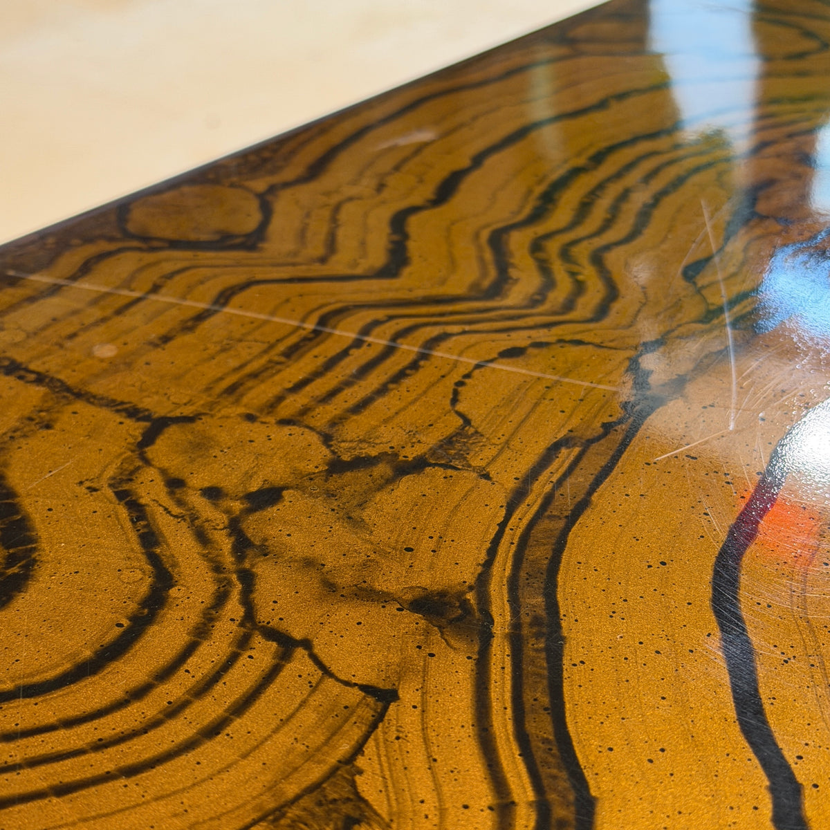 1970s Large Brass and Woodgrain Lacquer Coffee Table