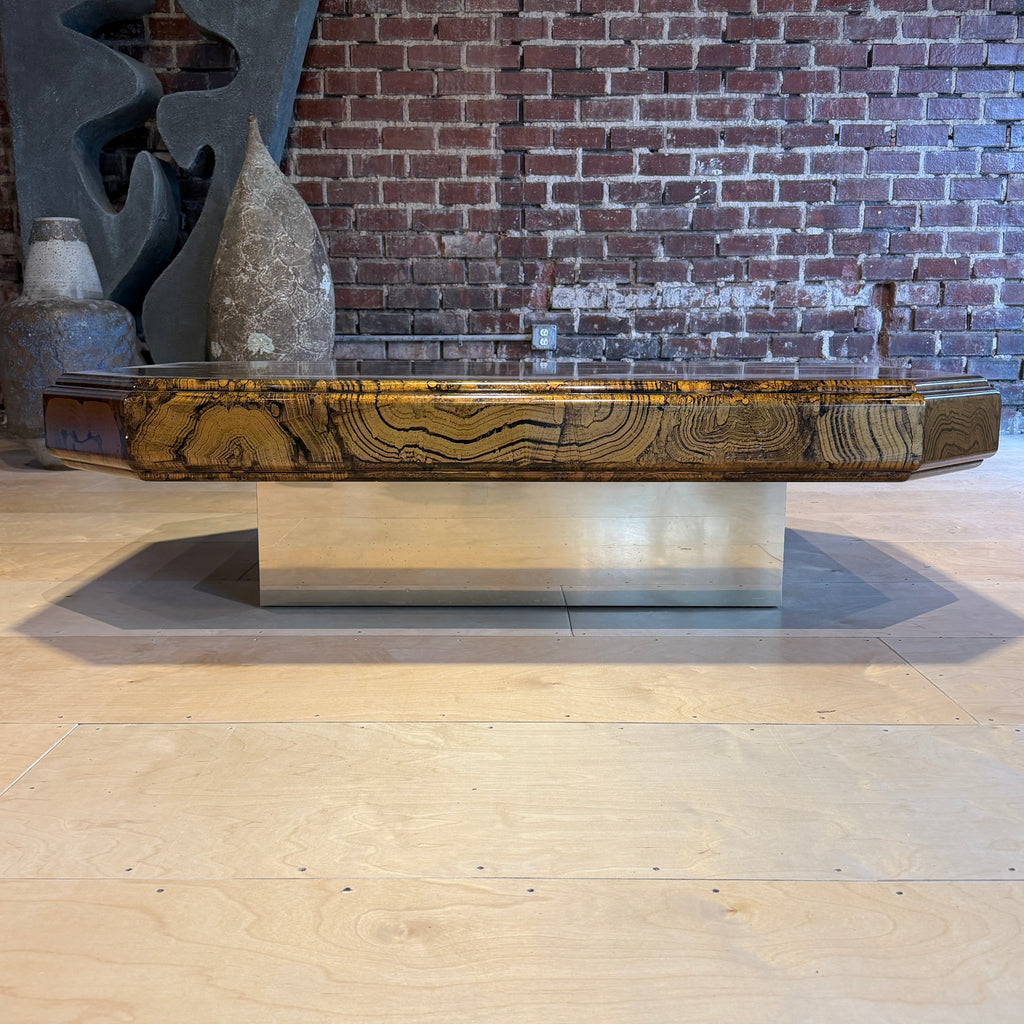 1970s Large Brass and Woodgrain Lacquer Coffee Table