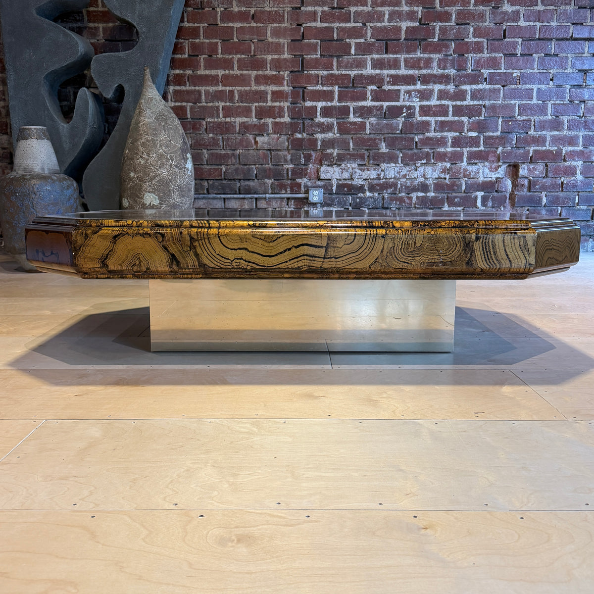 1970s Large Brass and Woodgrain Lacquer Coffee Table