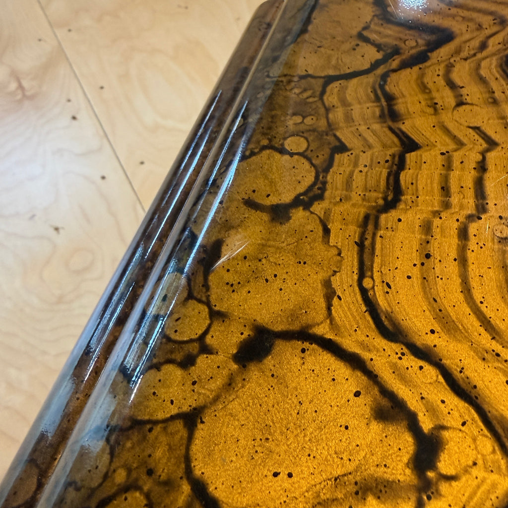 1970s Large Brass and Woodgrain Lacquer Coffee Table