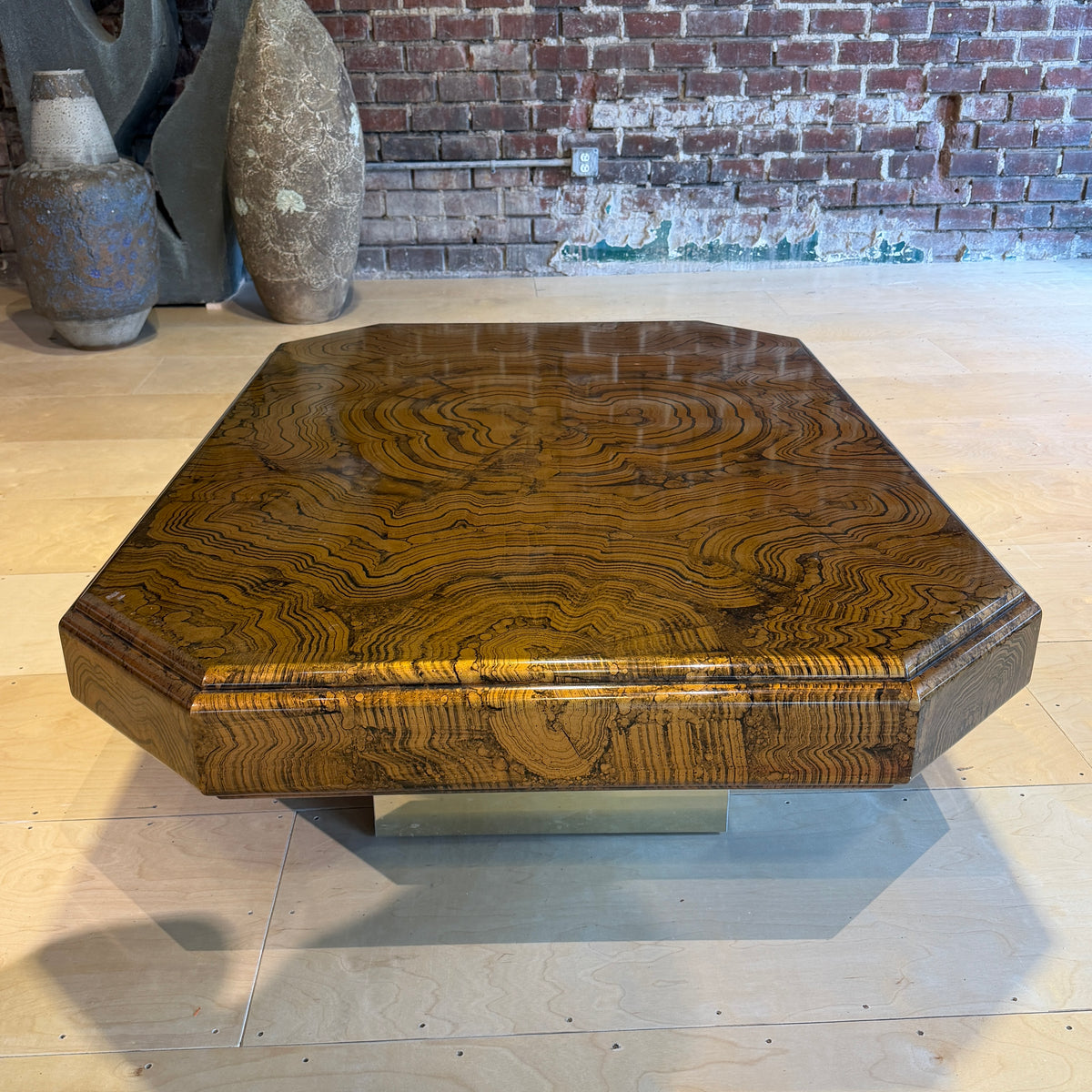 1970s Large Brass and Woodgrain Lacquer Coffee Table