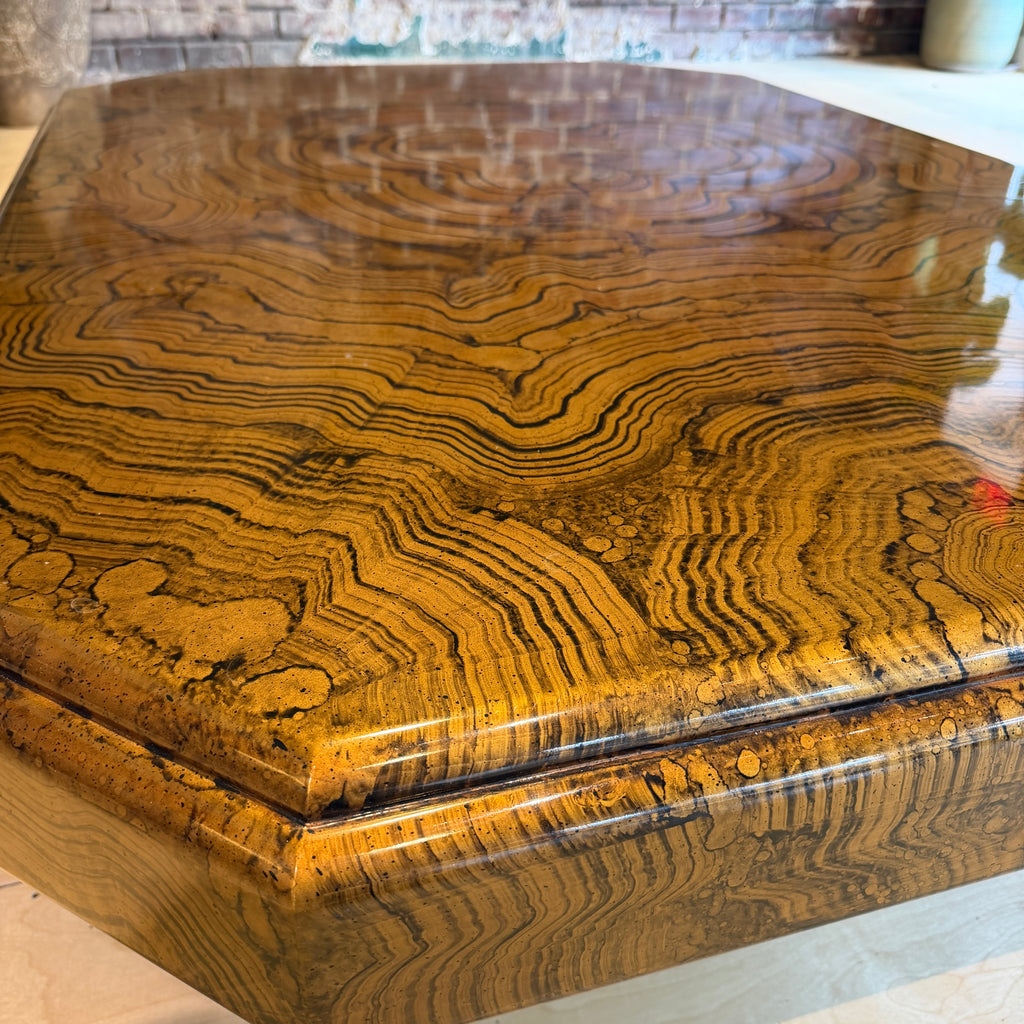 1970s Large Brass and Woodgrain Lacquer Coffee Table