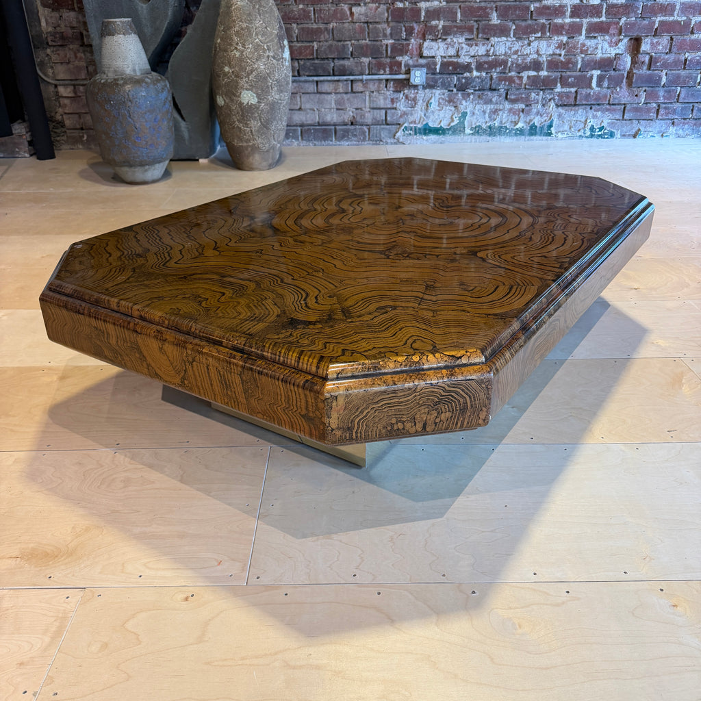 1970s Large Brass and Woodgrain Lacquer Coffee Table