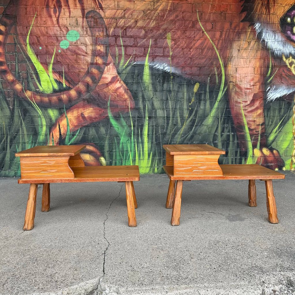 Original American "Cowboy Ranch Oak" Pair of Side Tables by A. Brandt