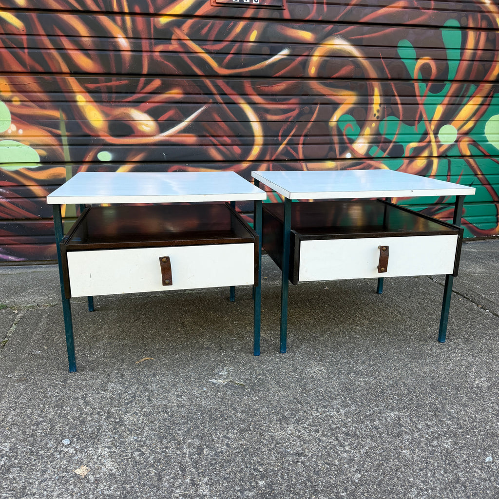 Mid-Century Modern Vista Furniture California Nightstands With Leather Pulls Walnut Laminate