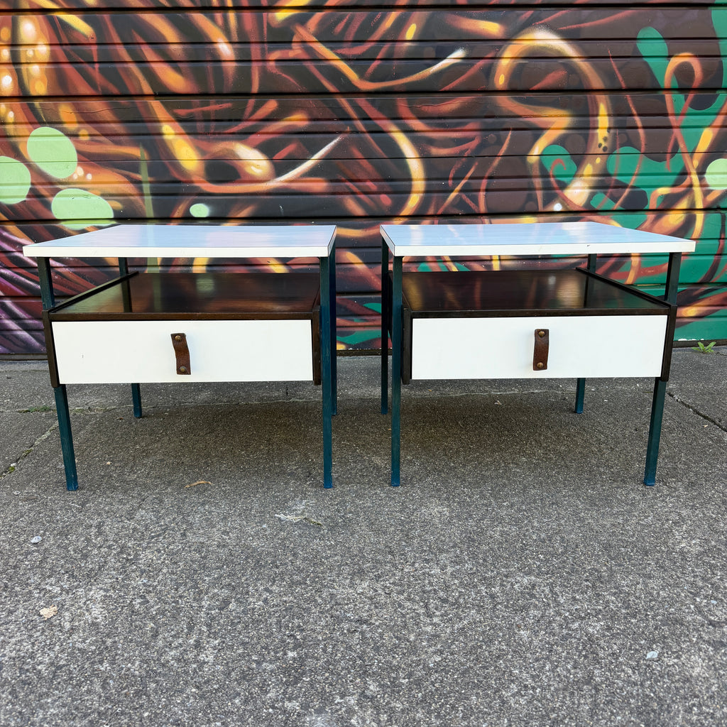 Mid-Century Modern Vista Furniture California Nightstands With Leather Pulls Walnut Laminate