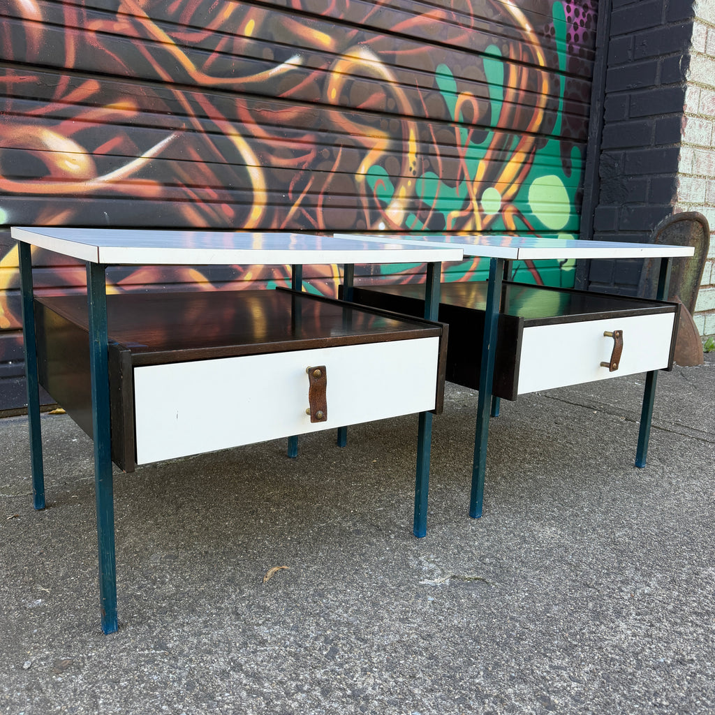 Mid-Century Modern Vista Furniture California Nightstands With Leather Pulls Walnut Laminate
