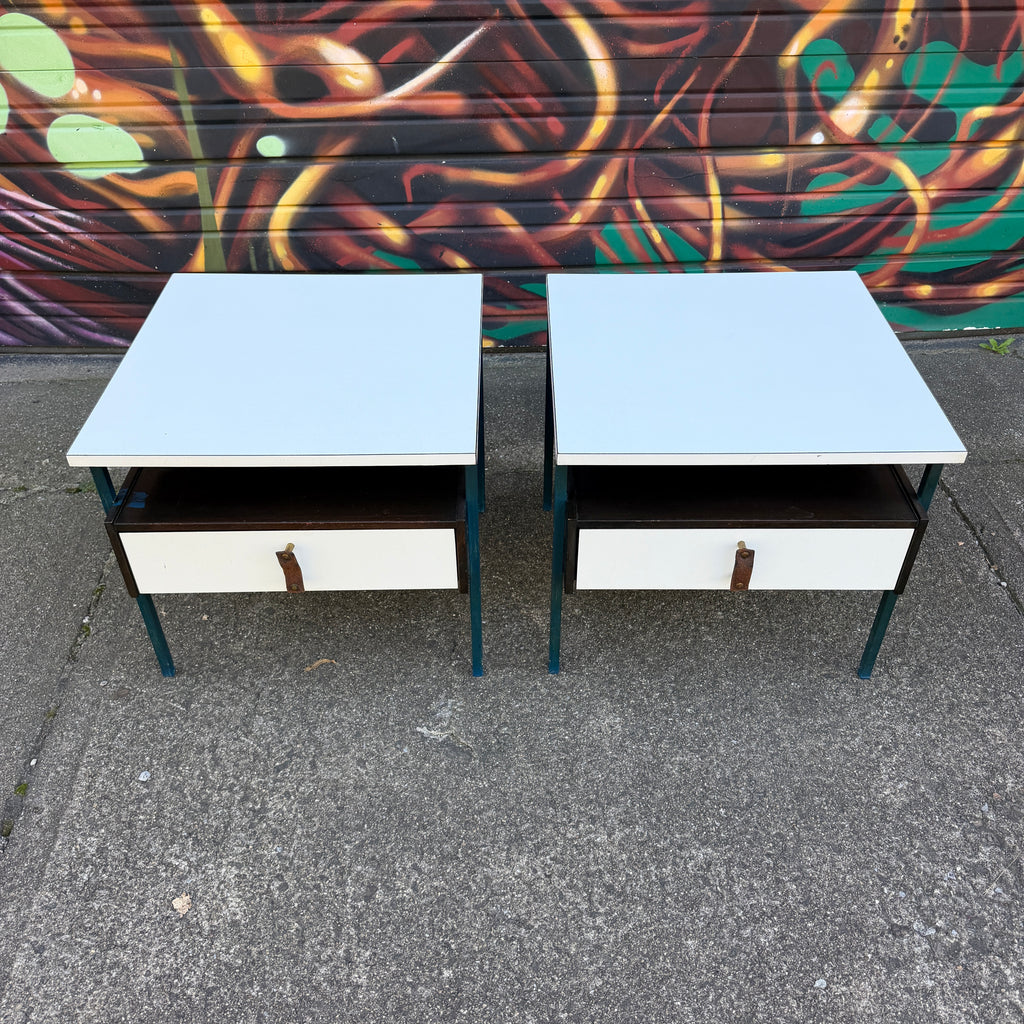 Mid-Century Modern Vista Furniture California Nightstands With Leather Pulls Walnut Laminate