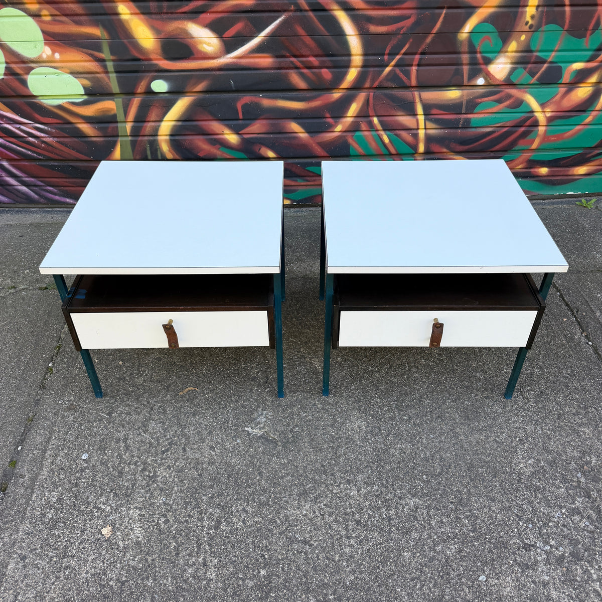Mid-Century Modern Vista Furniture California Nightstands With Leather Pulls Walnut Laminate