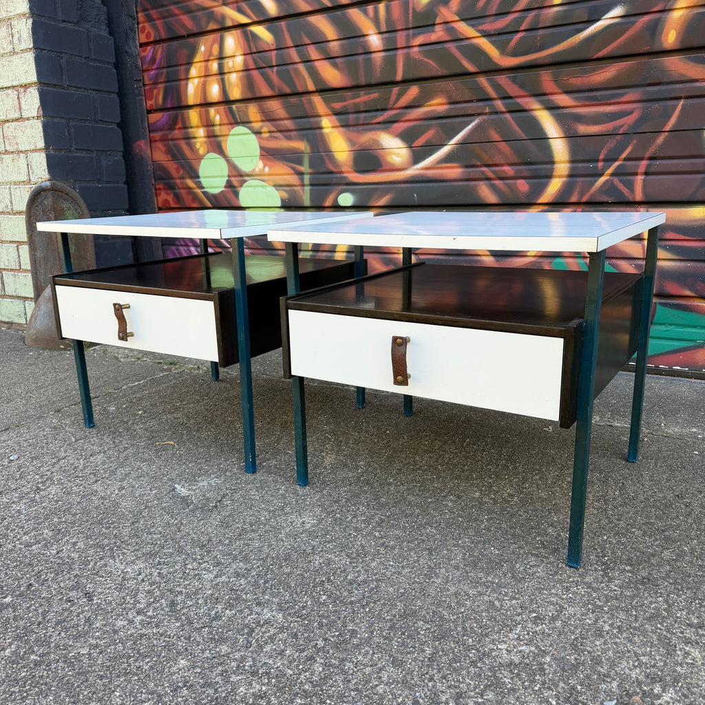 Mid-Century Modern Vista Furniture California Nightstands With Leather Pulls Walnut Laminate