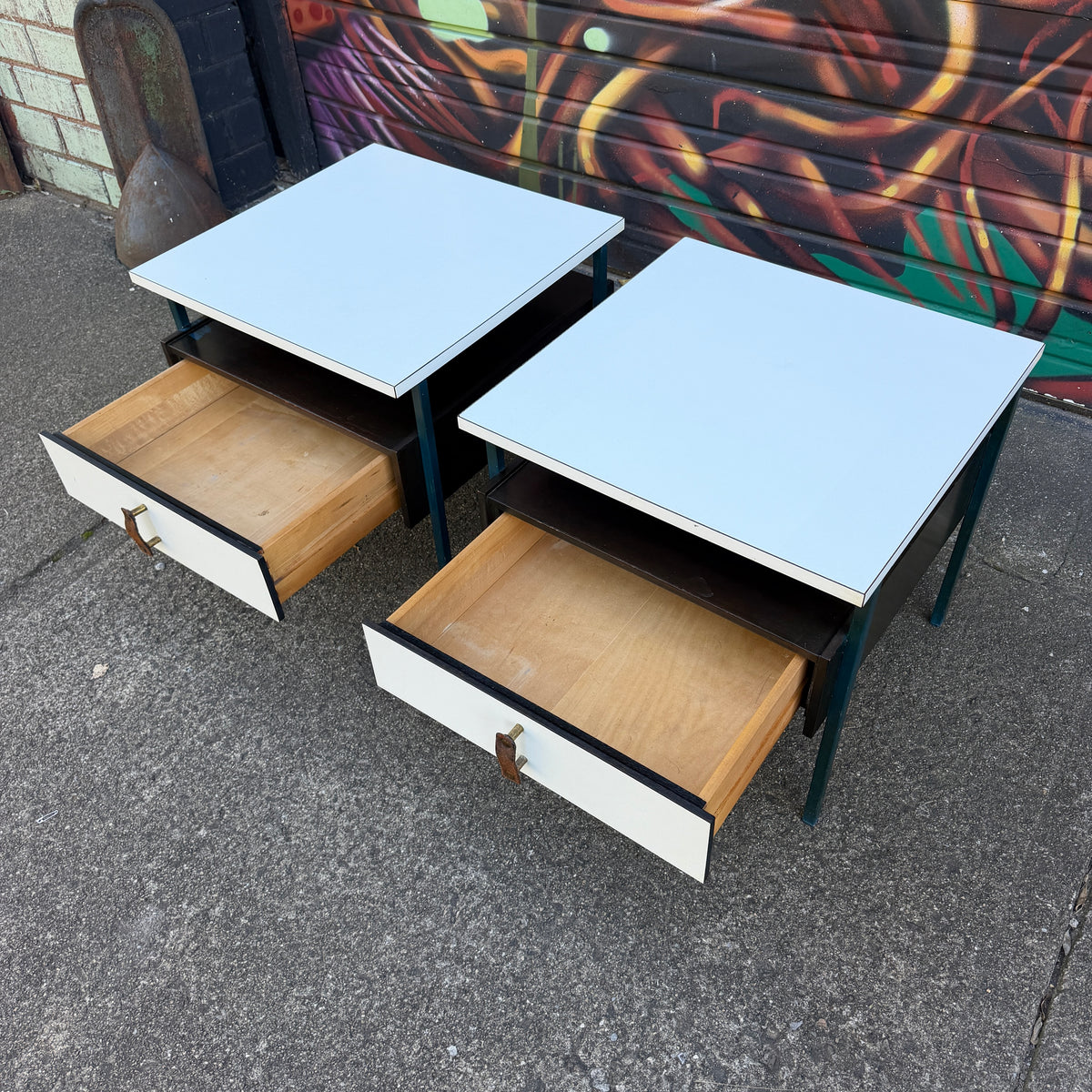 Mid-Century Modern Vista Furniture California Nightstands With Leather Pulls Walnut Laminate