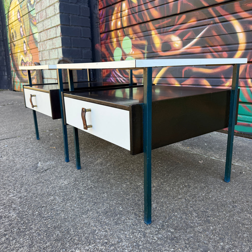 Mid-Century Modern Vista Furniture California Nightstands With Leather Pulls Walnut Laminate