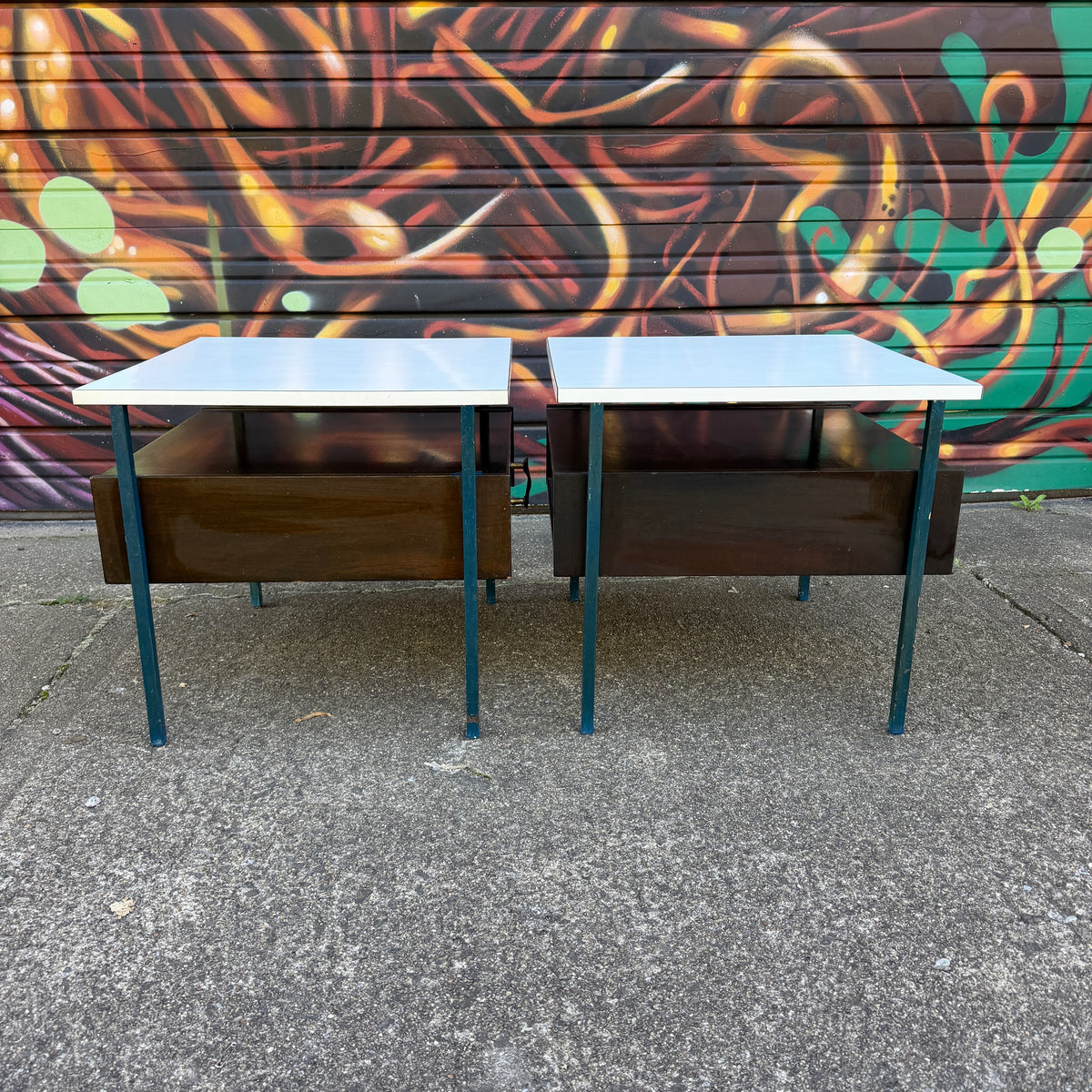 Mid-Century Modern Vista Furniture California Nightstands With Leather Pulls Walnut Laminate