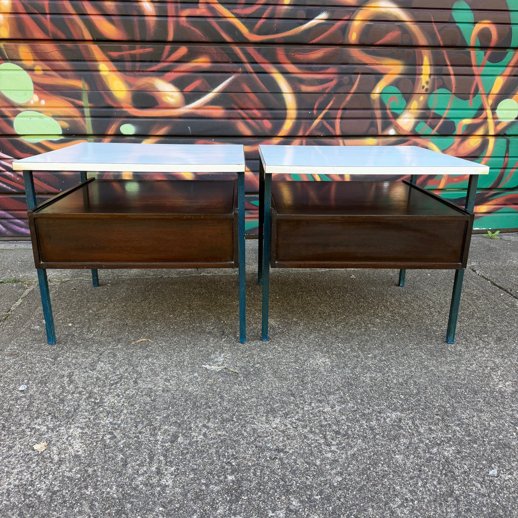 Mid-Century Modern Vista Furniture California Nightstands With Leather Pulls Walnut Laminate