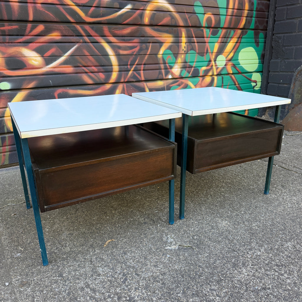 Mid-Century Modern Vista Furniture California Nightstands With Leather Pulls Walnut Laminate