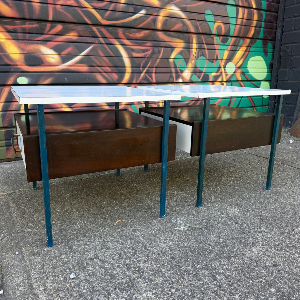 Mid-Century Modern Vista Furniture California Nightstands With Leather Pulls Walnut Laminate