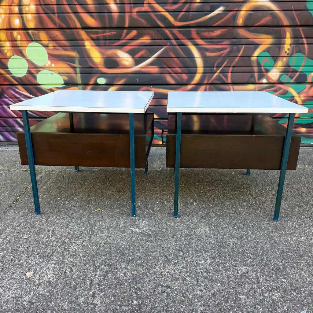 Mid-Century Modern Vista Furniture California Nightstands With Leather Pulls Walnut Laminate