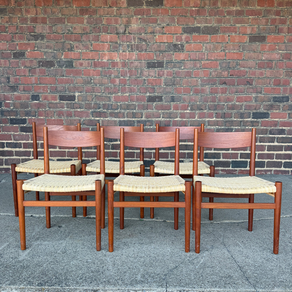 Set of 6 Hans Wegner Teak Dining Chairs With New Rushed Seats Ch-40 Teak