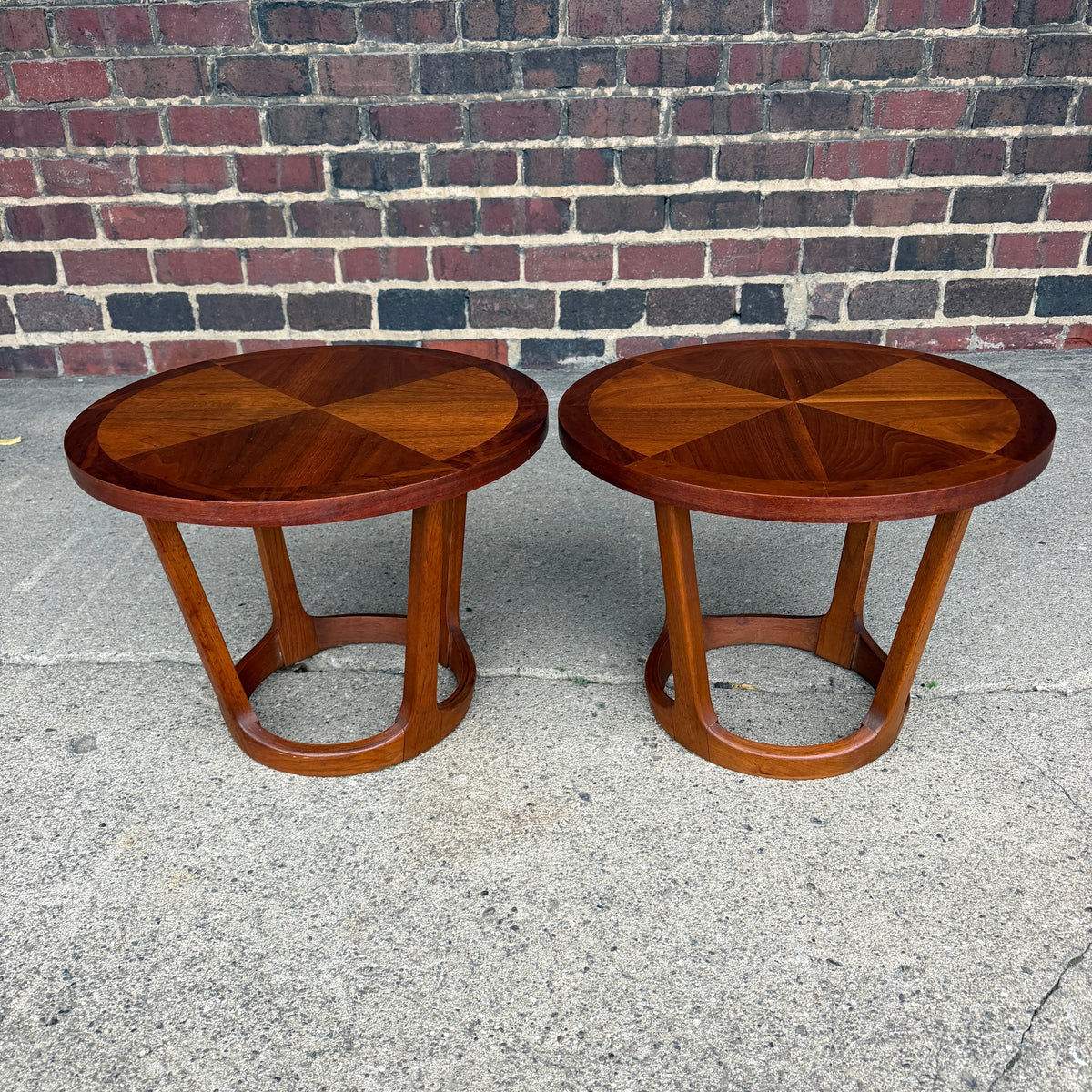 Pair of Lane Rhythm Round Walnut Side Tables Mid-Century Modern