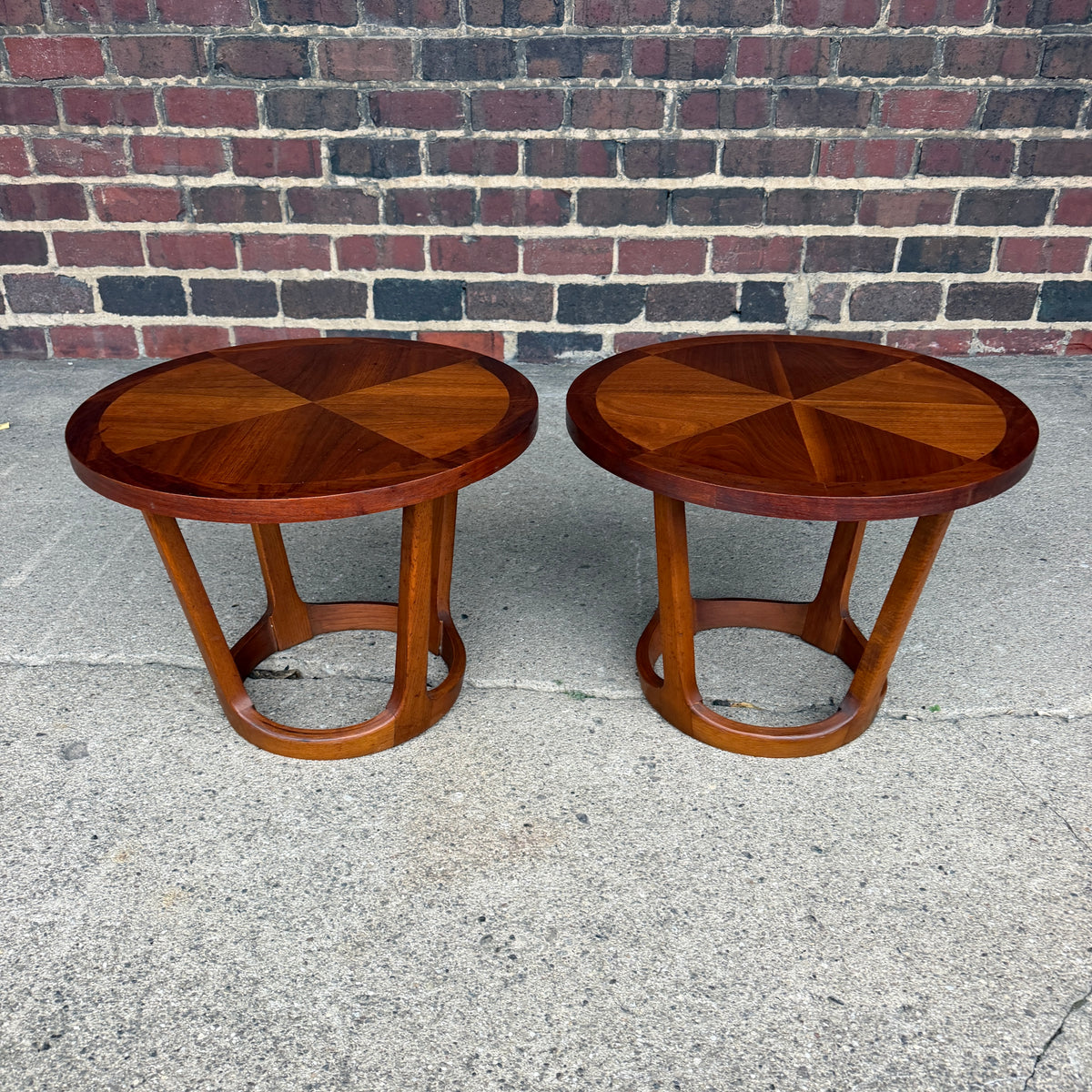 Pair of Lane Rhythm Round Walnut Side Tables Mid-Century Modern