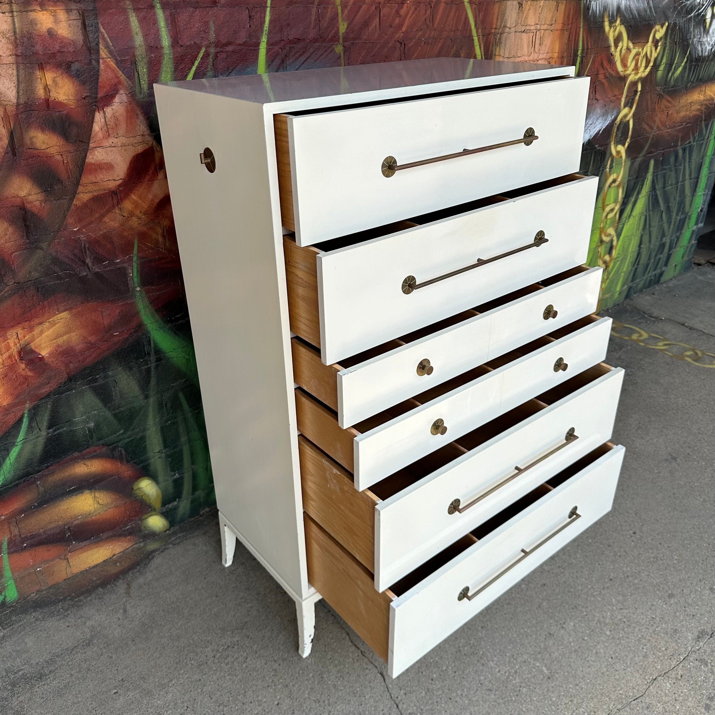 Tommi Parzinger for Parzinger Originals White Lacquer Tall Dresser With Brass Accents