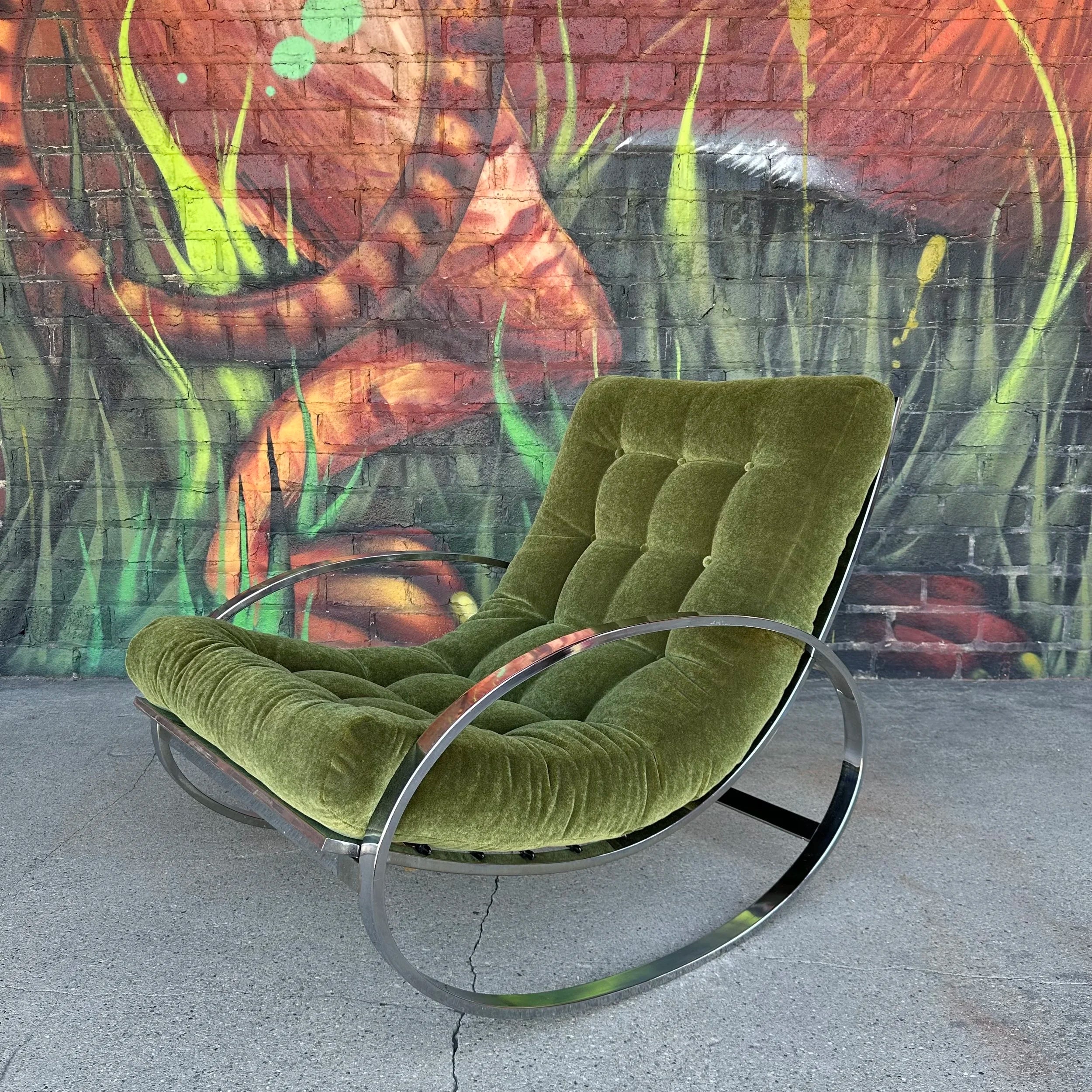 Renato Zevi for Selig Chrome and Mohair Rocking Chair Mid-Century Modern