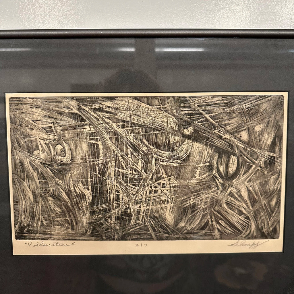 Mid 20th Century Abstract Block Print “Pollenation” by H Norman Schnepf 2/7