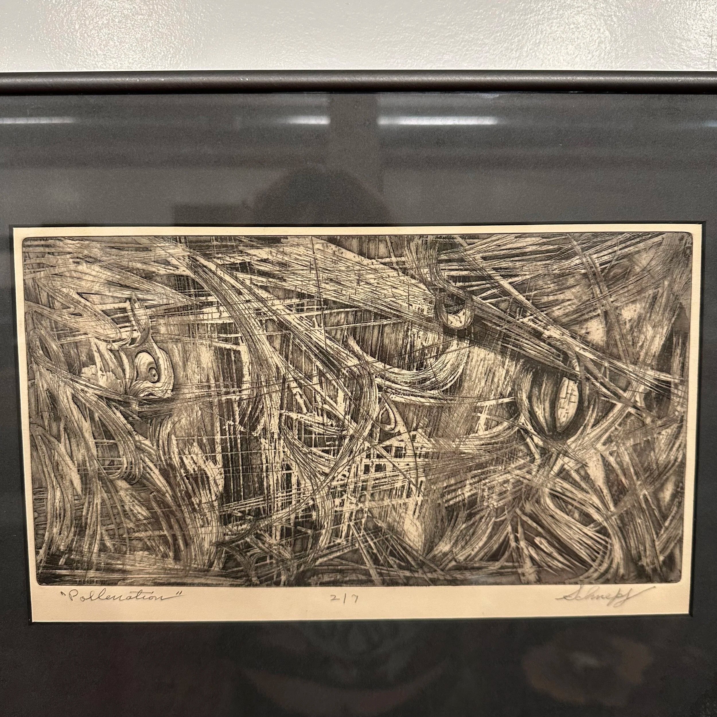 Mid 20th Century Abstract Block Print “Pollenation” by H Norman Schnepf 2/7