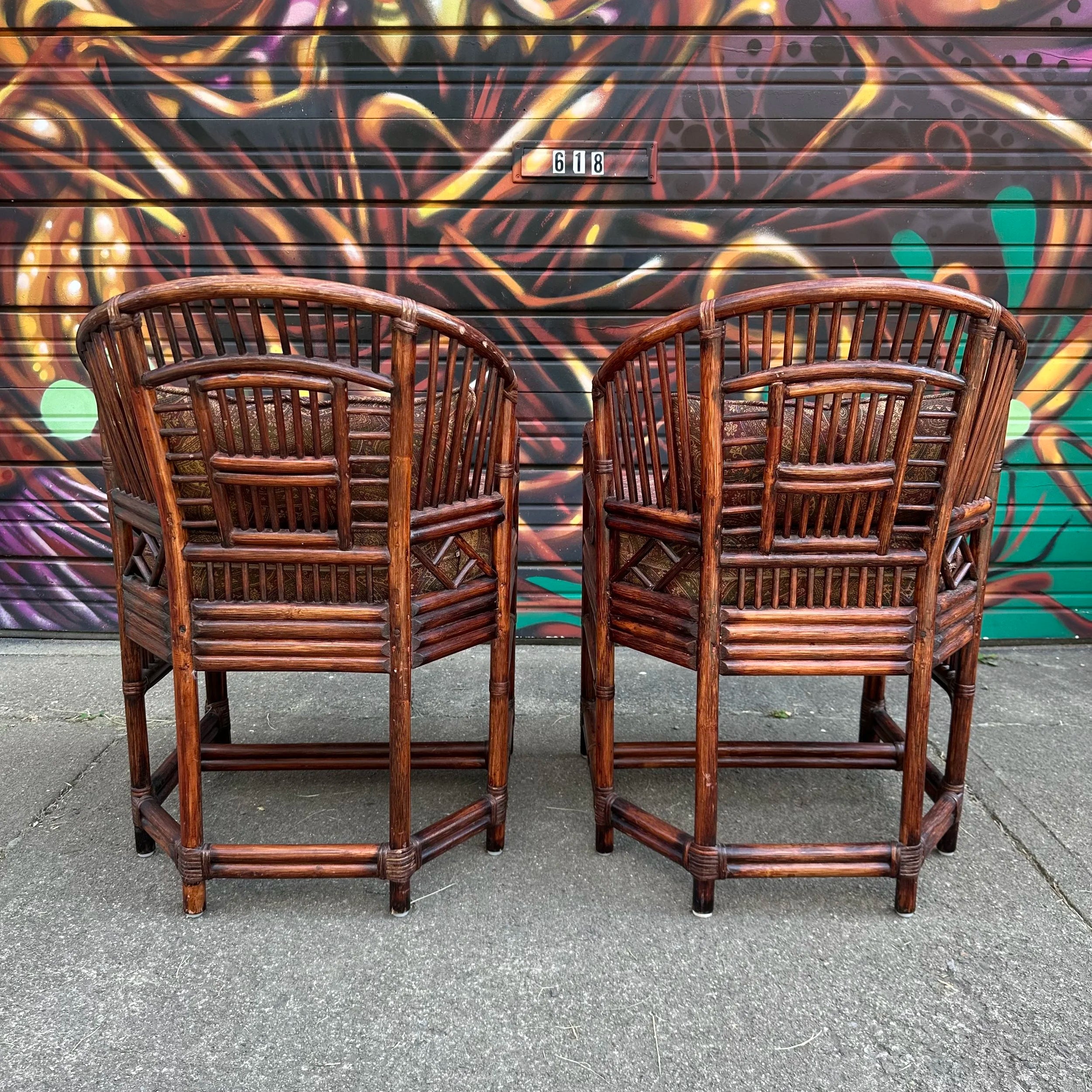 Pair of Brighton Pavilion Fretwork Bamboo Lounge Arm Chairs