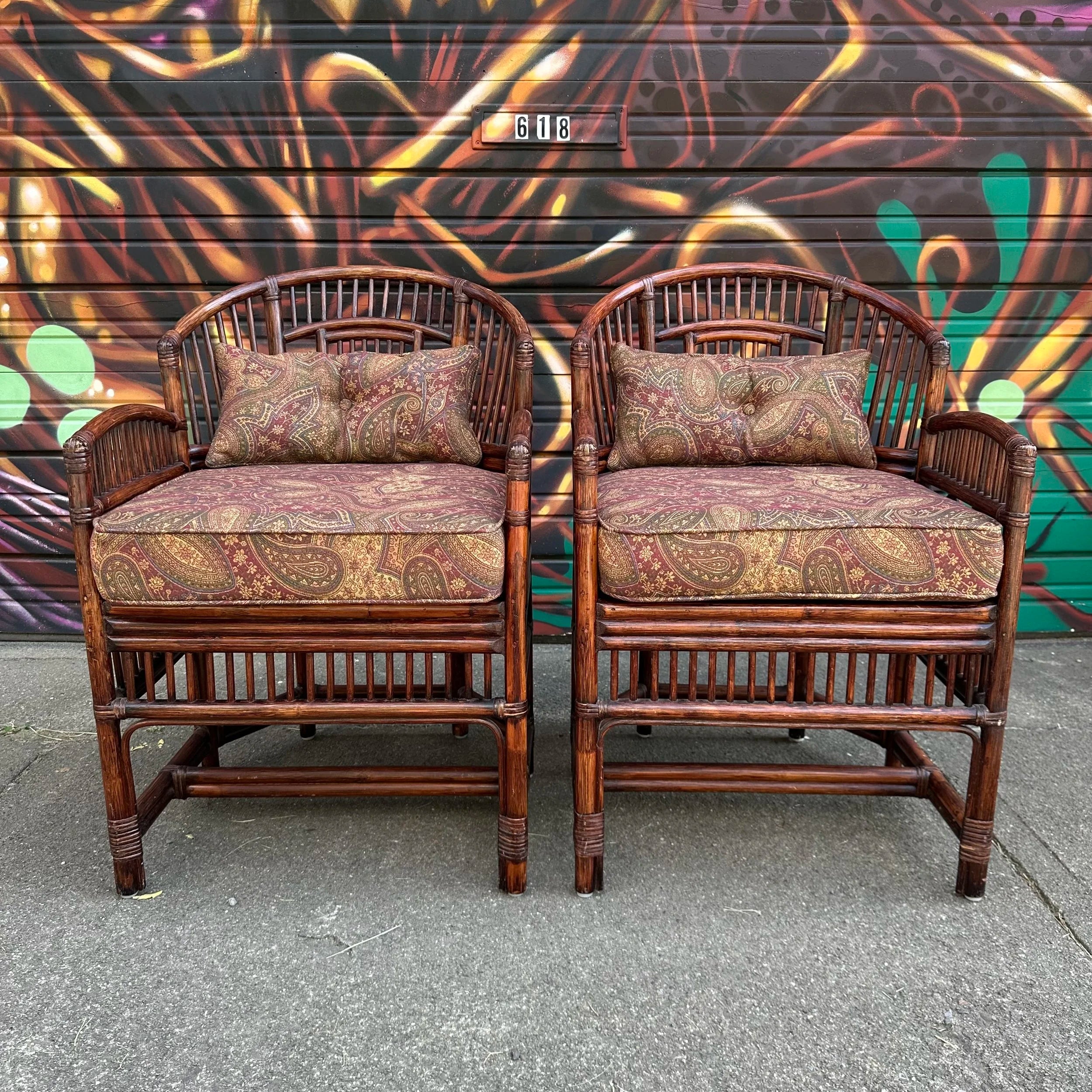 Pair of Brighton Pavilion Fretwork Bamboo Lounge Arm Chairs