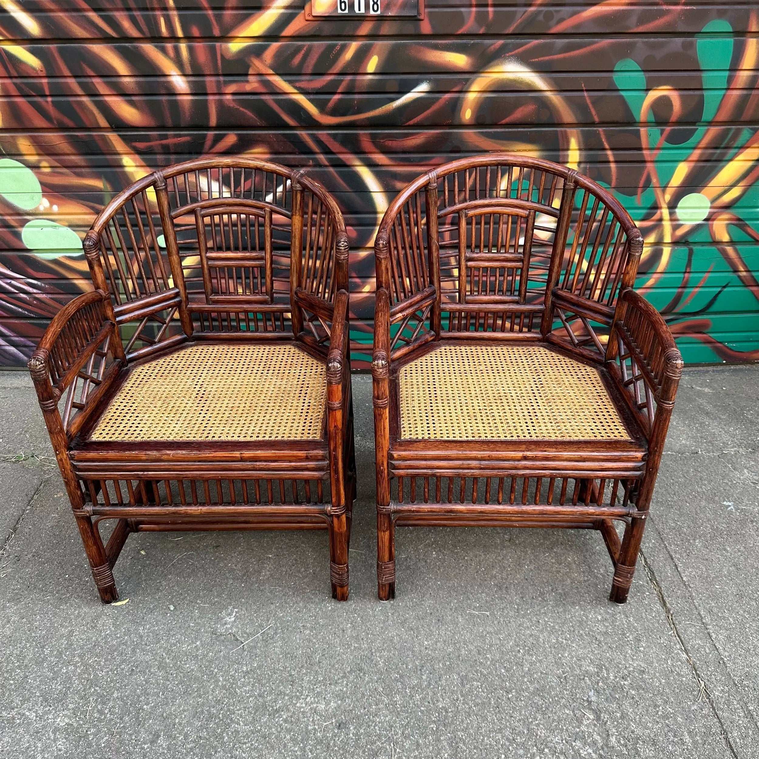 Pair of Brighton Pavilion Fretwork Bamboo Lounge Arm Chairs
