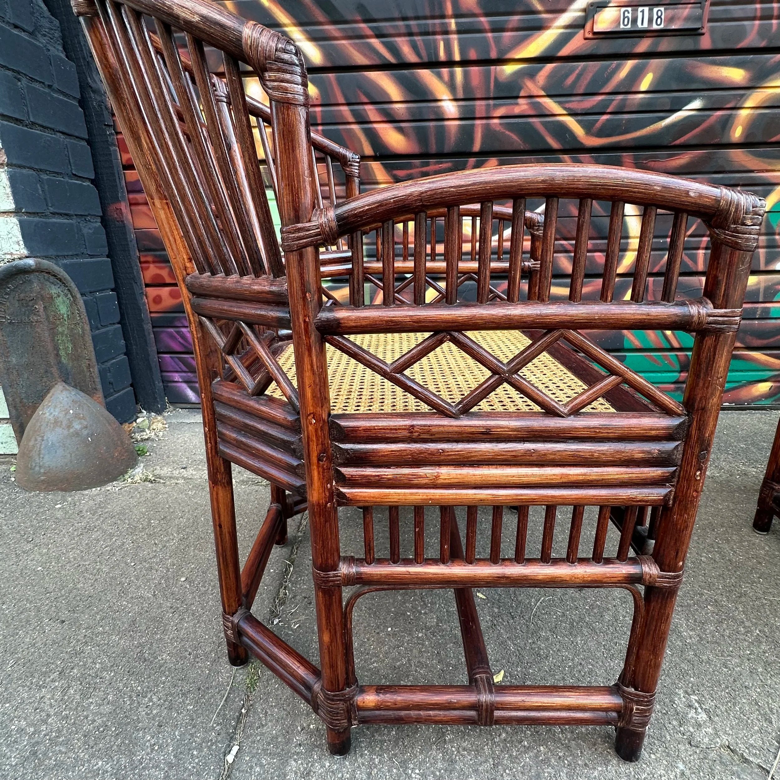 Pair of Brighton Pavilion Fretwork Bamboo Lounge Arm Chairs