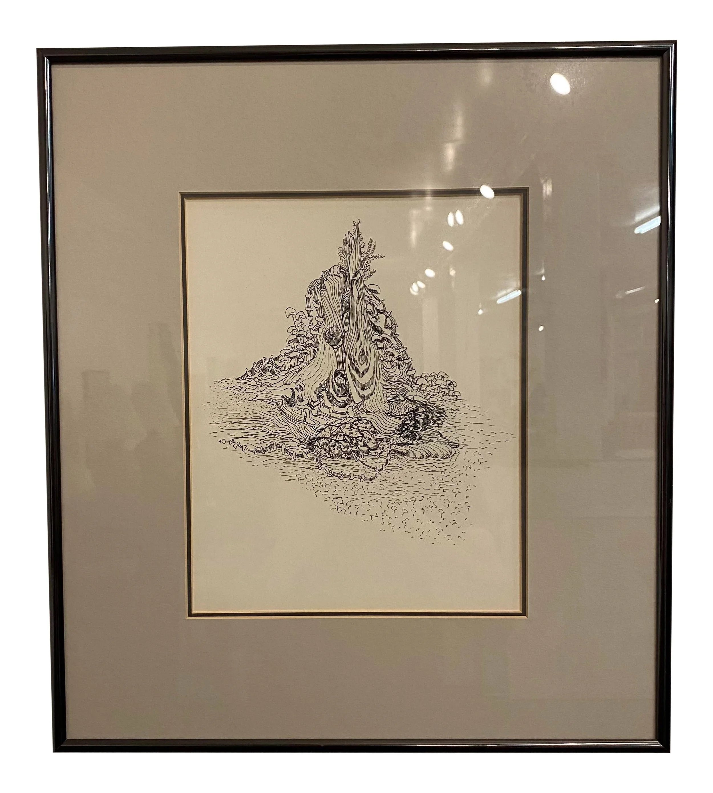 1960s Minimalist Abstract Line Pen Drawing by Ina Takashima, Framed