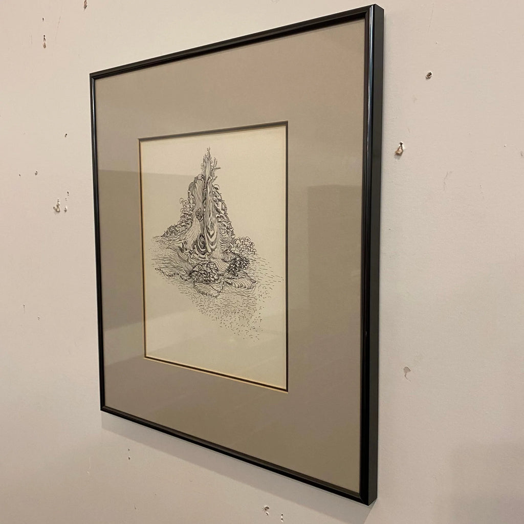 1960s Minimalist Abstract Line Pen Drawing by Ina Takashima, Framed
