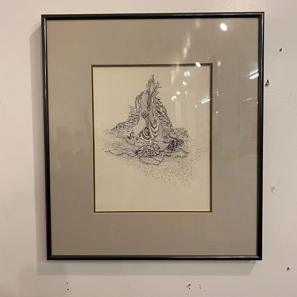 1960s Minimalist Abstract Line Pen Drawing by Ina Takashima, Framed