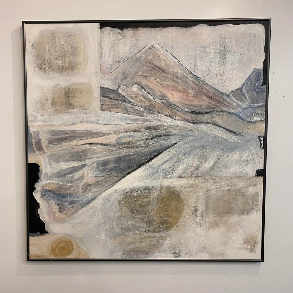 Late 20th Century Postmodern Mountain Landscape Mixed-Media Painting by Ina Takashima, Framed