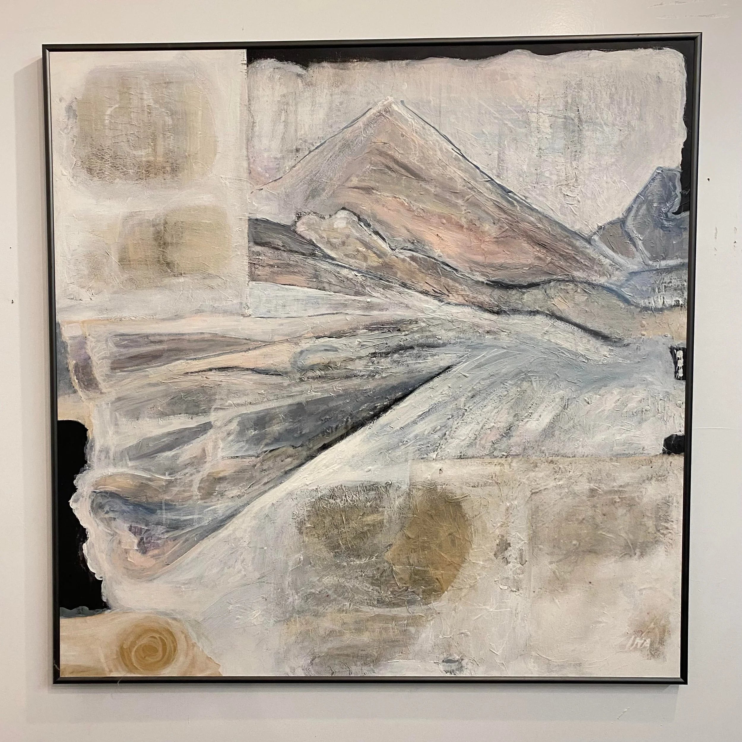 Late 20th Century Postmodern Mountain Landscape Mixed-Media Painting by Ina Takashima, Framed