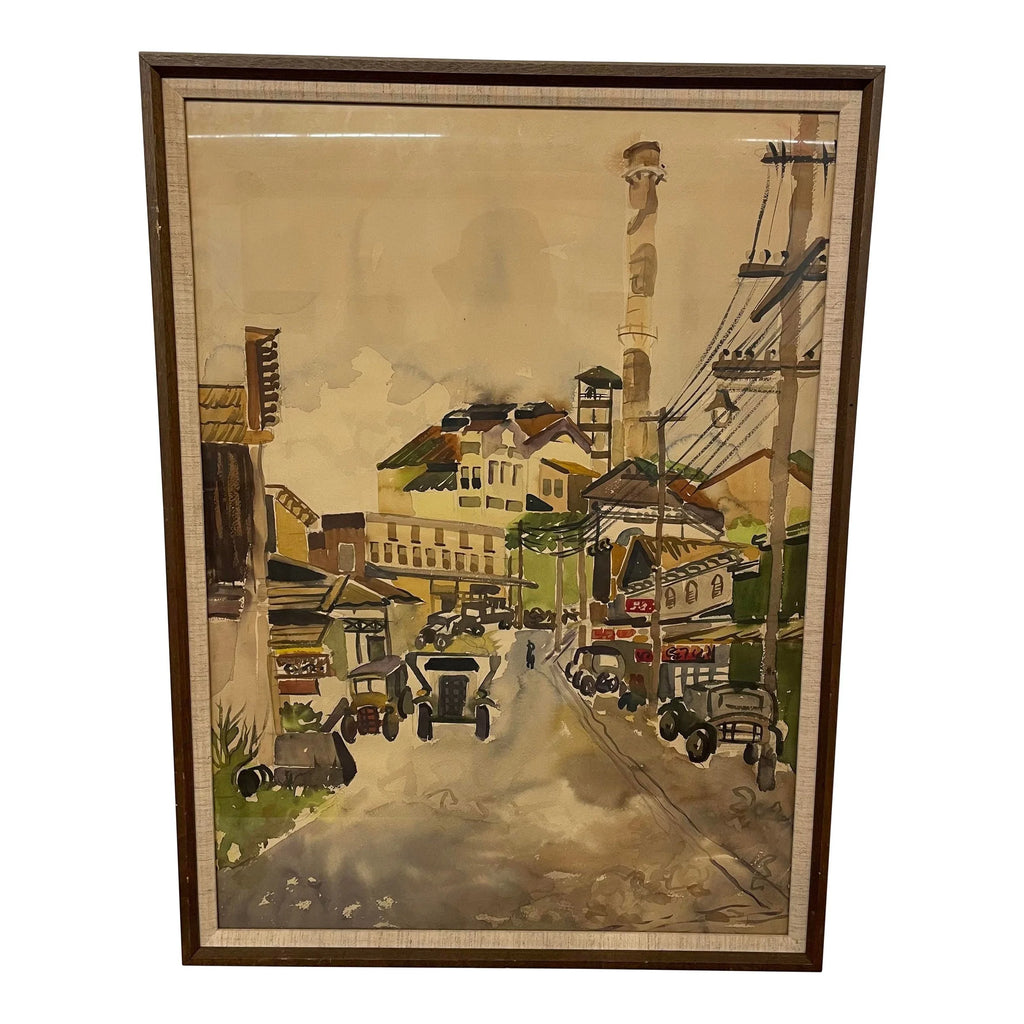 Mid 20th Century Modernist City Scene Watercolor Painting, Framed