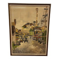 Mid 20th Century Modernist City Scene Watercolor Painting, Framed