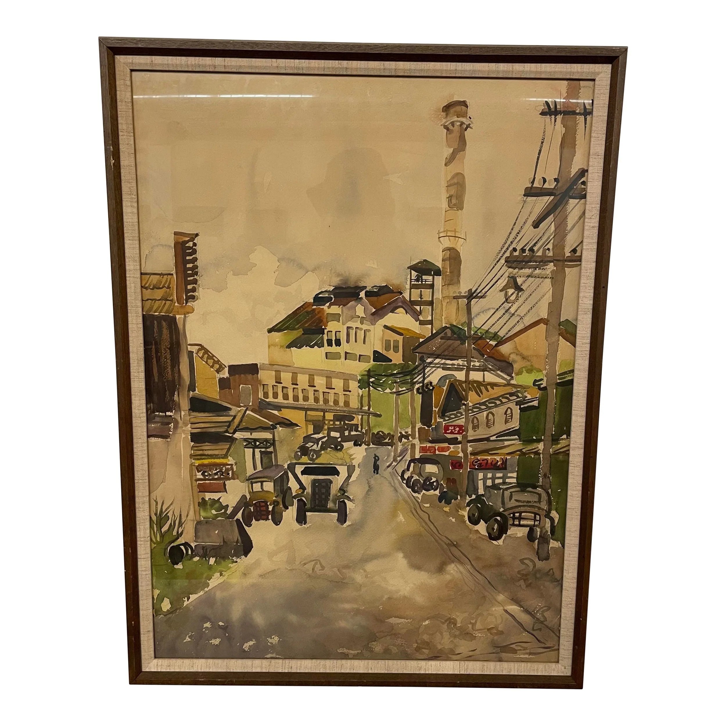 Mid 20th Century Modernist City Scene Watercolor Painting, Framed
